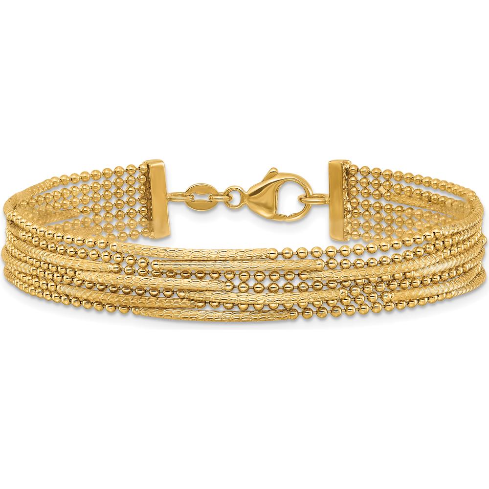 14K Yellow Gold Polished and Textured Multi-Strand Beaded Bracelet - 7.25" Length by 0
