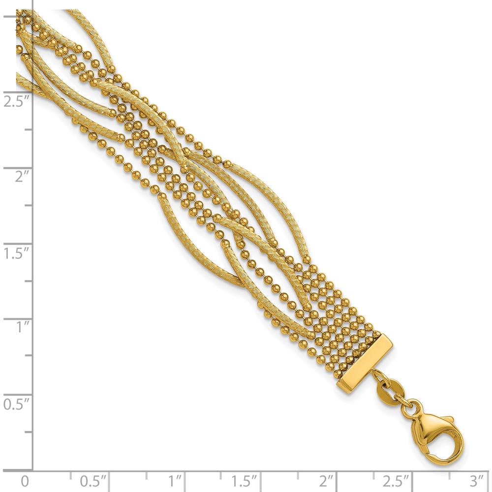 14K Yellow Gold Polished and Textured Multi-Strand Beaded Bracelet - 7.25" Length by 0