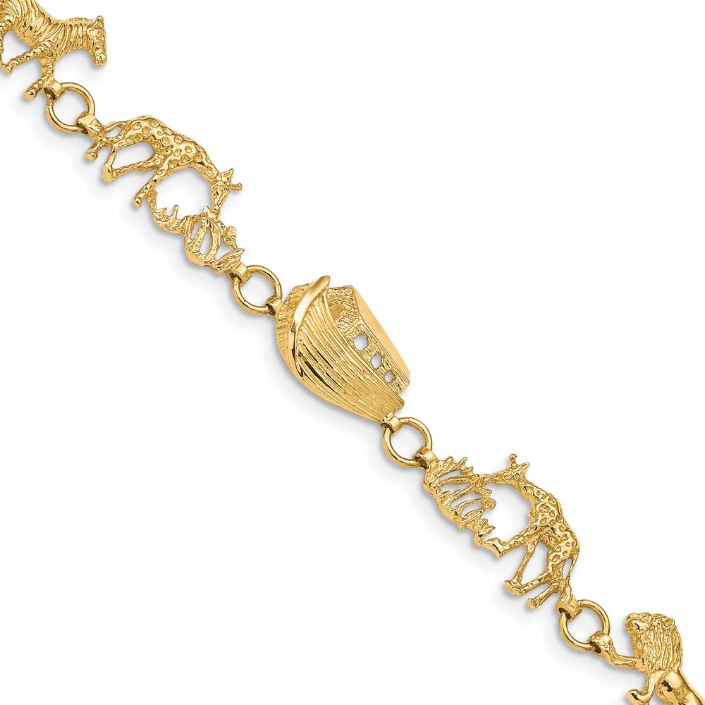 14K Yellow Gold Polished and Textured Noah's Ark 7" Bracelet with Animal Charms by Oro Pregiato