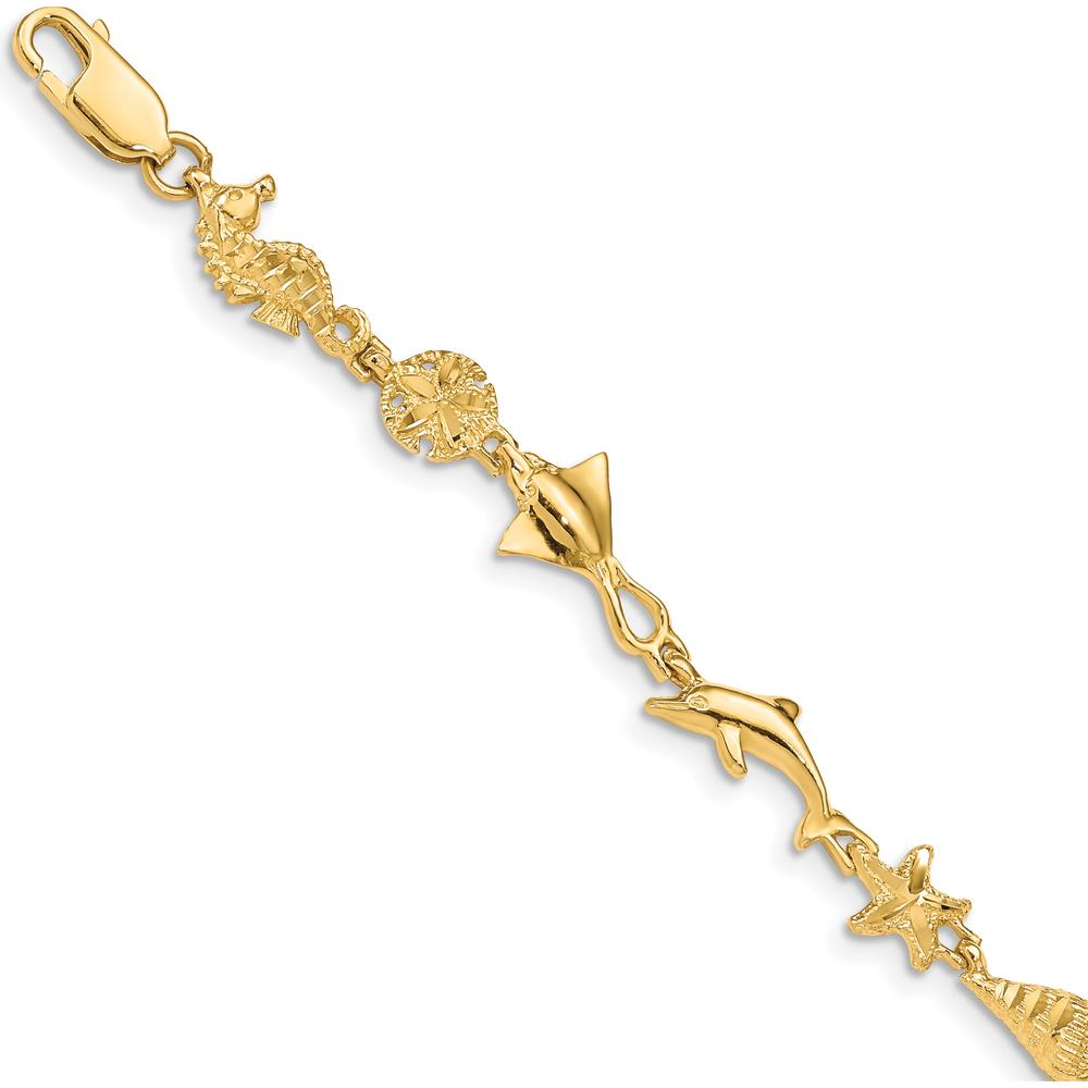 14K Yellow Gold Polished and Textured Ocean Motif Bracelet with Dolphin and Starfish Charms - 7" Length by Oro Pregiato