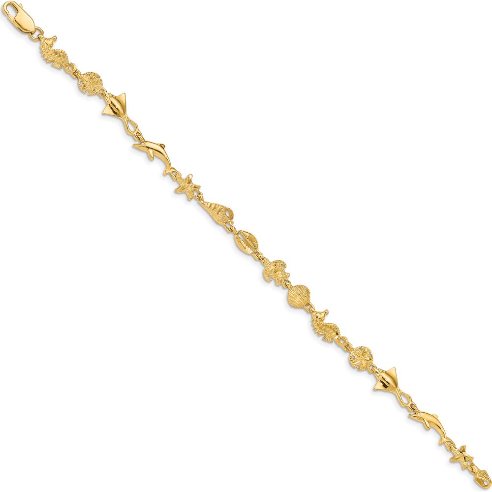 14K Yellow Gold Polished and Textured Ocean Motif Bracelet with Dolphin and Starfish Charms - 7" Length by Oro Pregiato