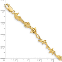 14K Yellow Gold Polished and Textured Ocean Motif Bracelet with Dolphin and Starfish Charms - 7" Length by Oro Pregiato