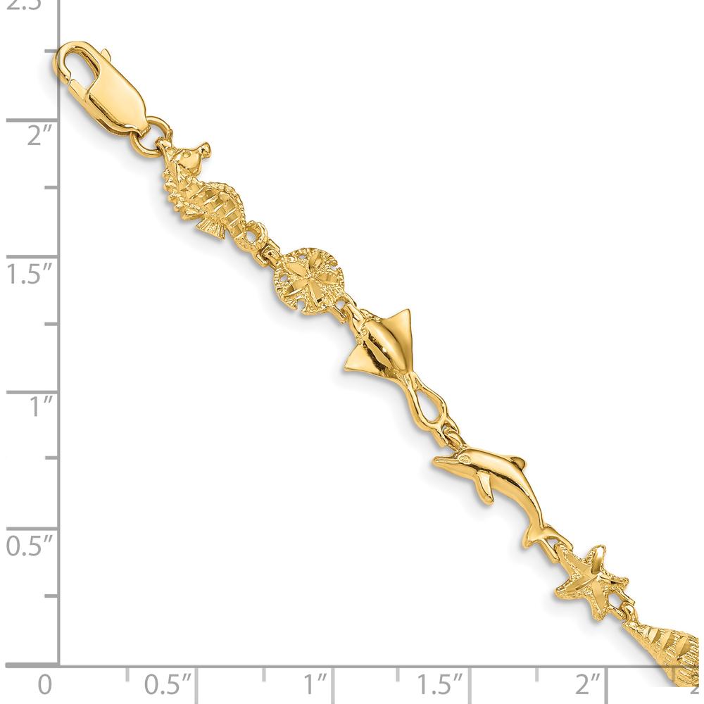 14K Yellow Gold Polished and Textured Ocean Motif Bracelet with Dolphin and Starfish Charms - 7" Length by Oro Pregiato