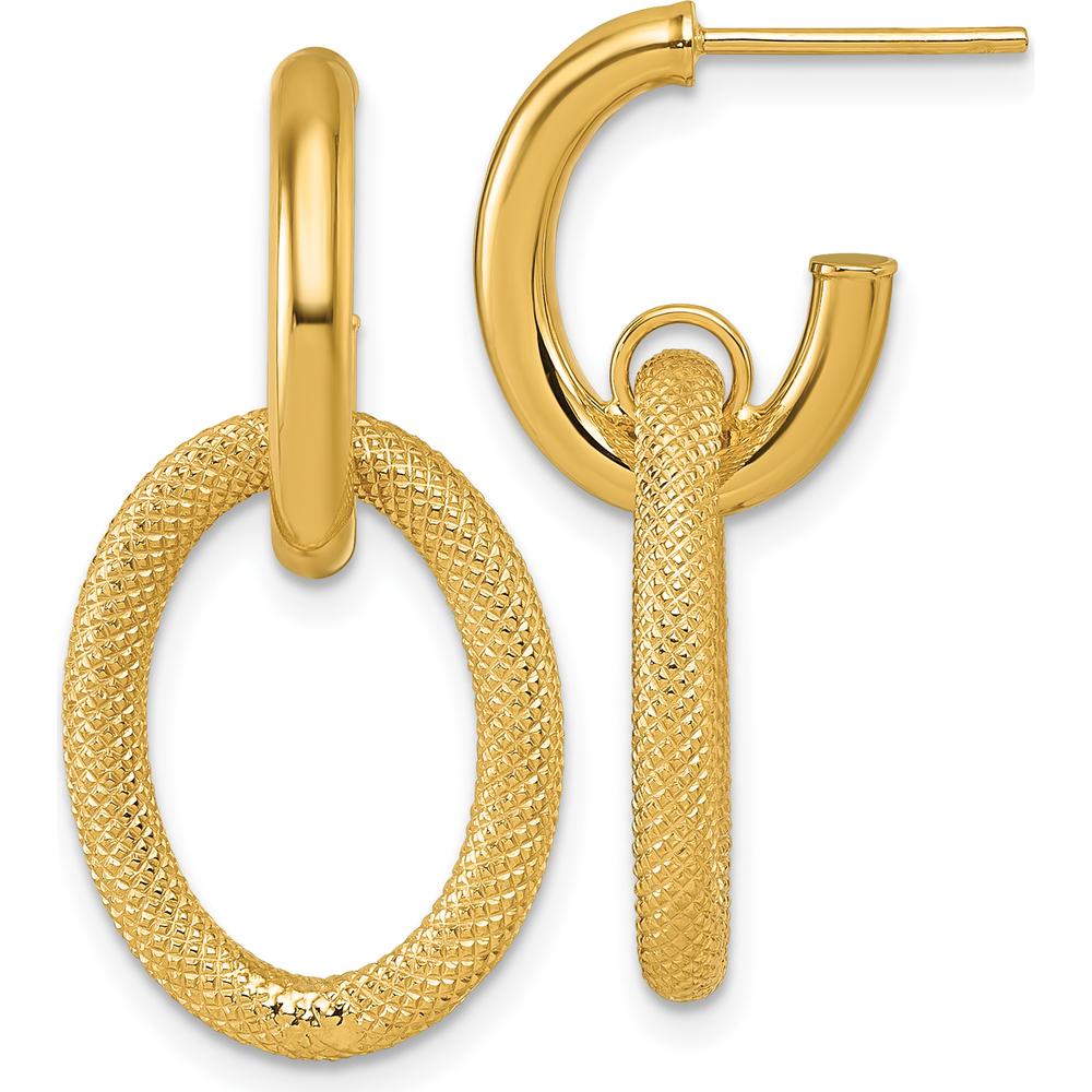 14K Yellow Gold Polished and Textured Oval Dangle Hoop Earrings by 0