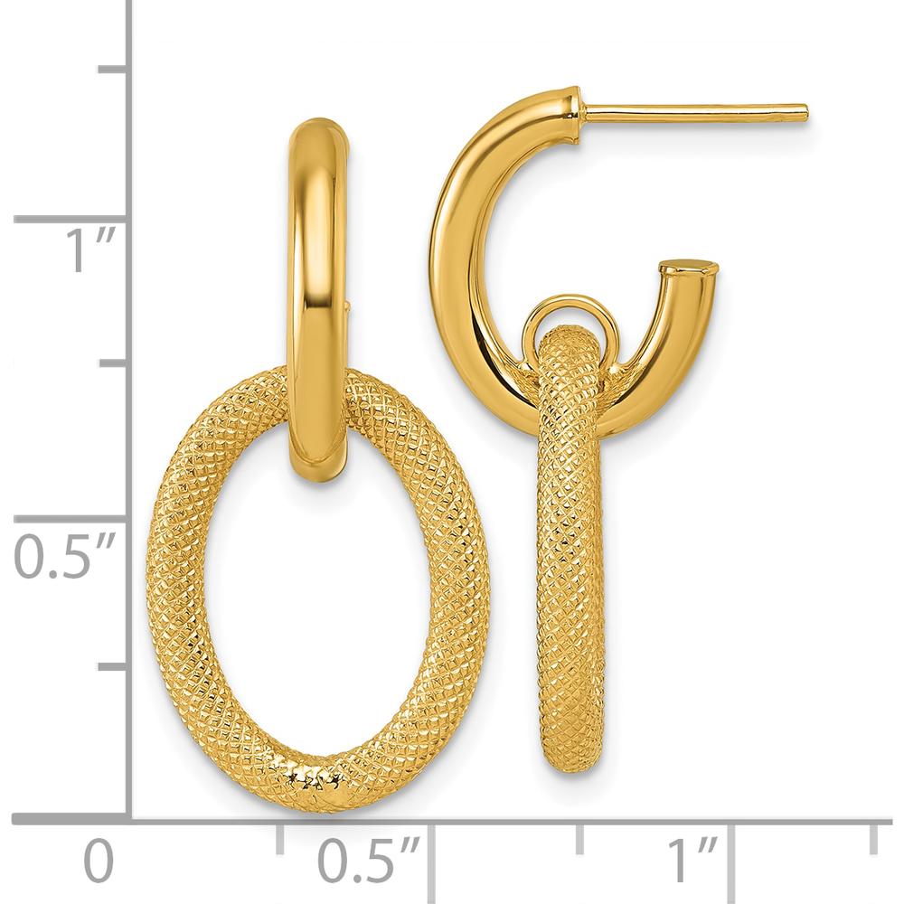 14K Yellow Gold Polished and Textured Oval Dangle Hoop Earrings by 0