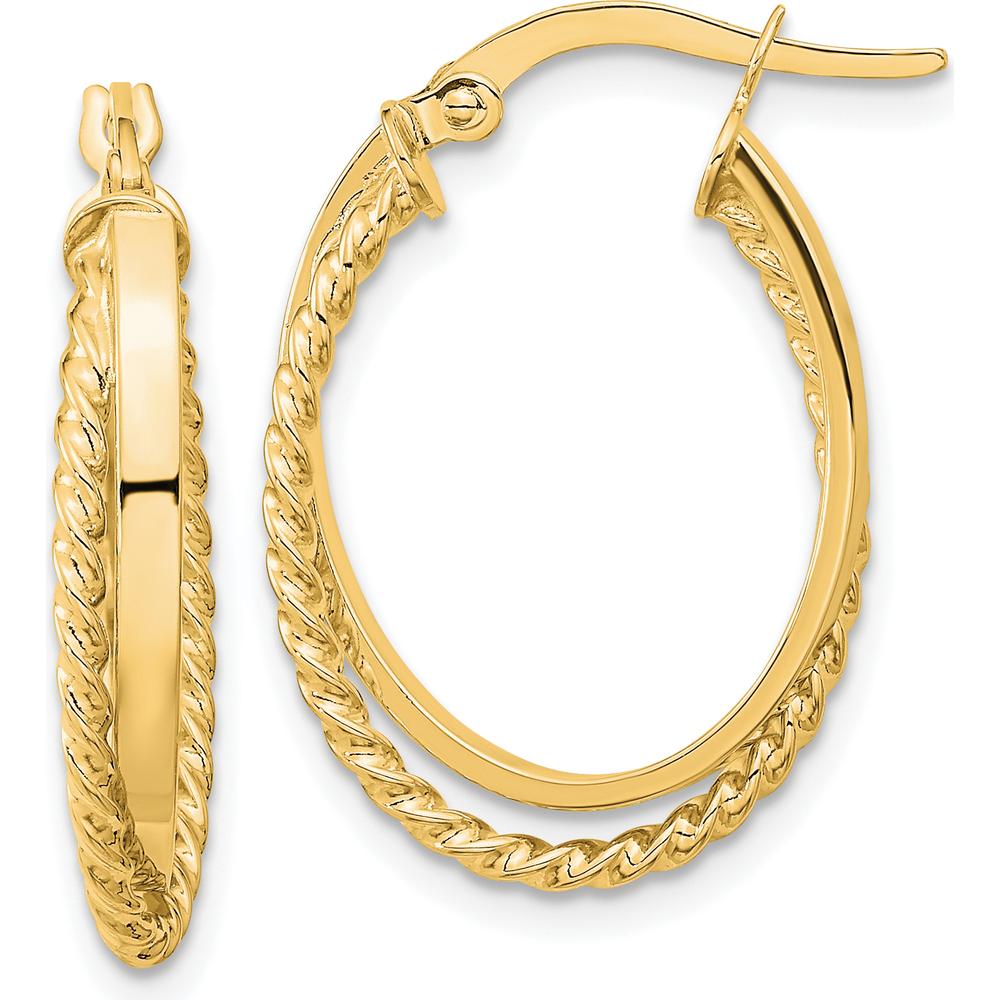 14K Yellow Gold Polished & Textured Oval Hinged Hoop Earrings - 24.2mm Length by 0