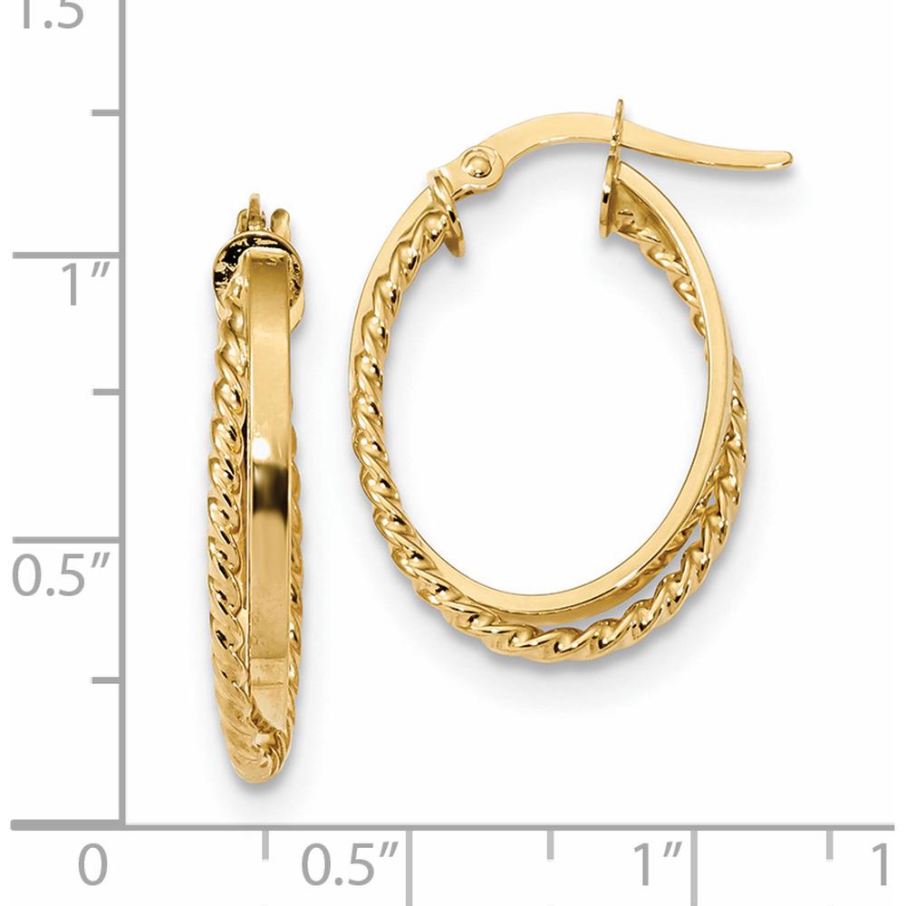 14K Yellow Gold Polished & Textured Oval Hinged Hoop Earrings - 24.2mm Length by 0