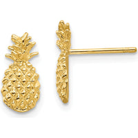 14K Yellow Gold Polished and Textured Pineapple Button Post Earrings - 12mm Length by 0