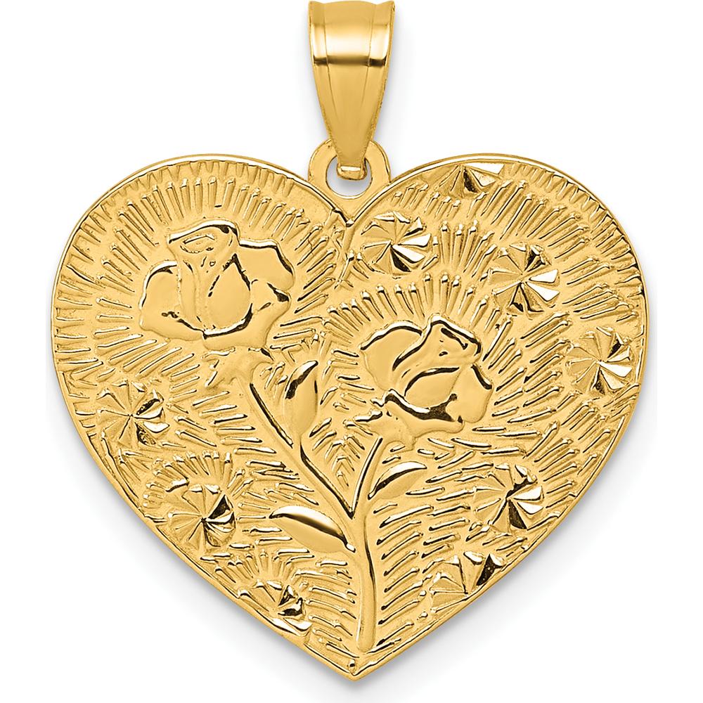 14K Yellow Gold Polished and Textured Roses "A Mother's Love Is The Greatest Gift Of All" Heart Pendant by Oro Pregiato