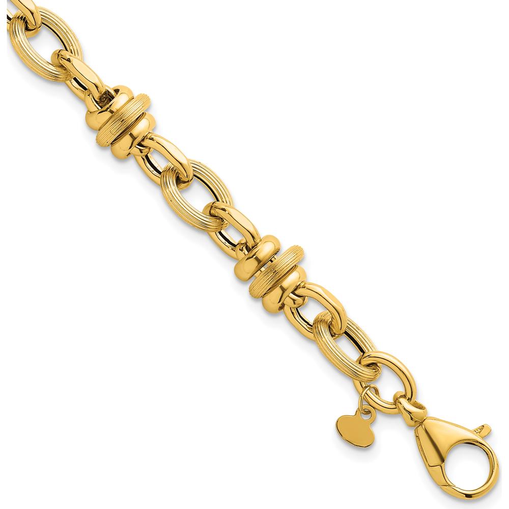 14K Yellow Gold Polished and Textured Round and Oval Fancy Chain Bracelet - 7.5" by 0