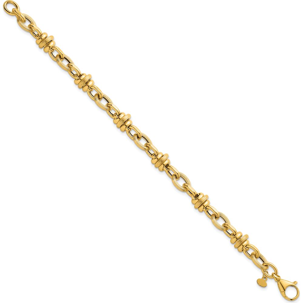 14K Yellow Gold Polished and Textured Round and Oval Fancy Chain Bracelet - 7.5" by 0