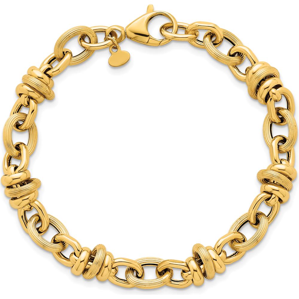 14K Yellow Gold Polished and Textured Round and Oval Fancy Chain Bracelet - 7.5" by 0