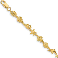 14K Yellow Gold Polished and Textured Sea Life Charm Bracelet - 7.25" by Oro Pregiato