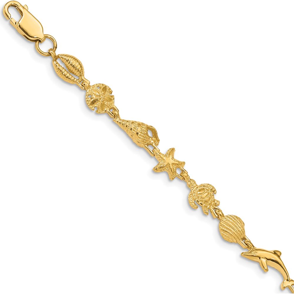 14K Yellow Gold Polished and Textured Sea Life Charm Bracelet - 7.25" by Oro Pregiato