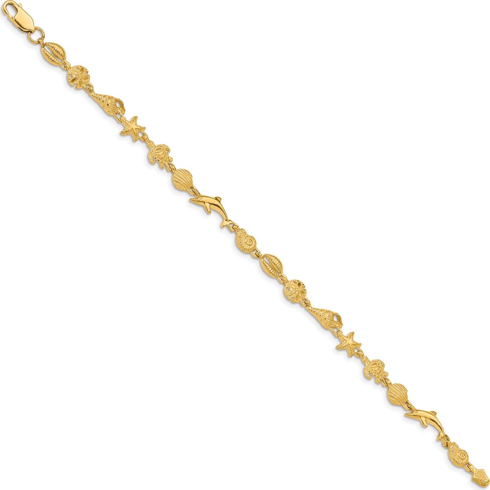 14K Yellow Gold Polished and Textured Sea Life Charm Bracelet - 7.25" by Oro Pregiato