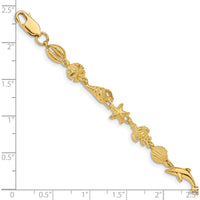 14K Yellow Gold Polished and Textured Sea Life Charm Bracelet - 7.25" by Oro Pregiato