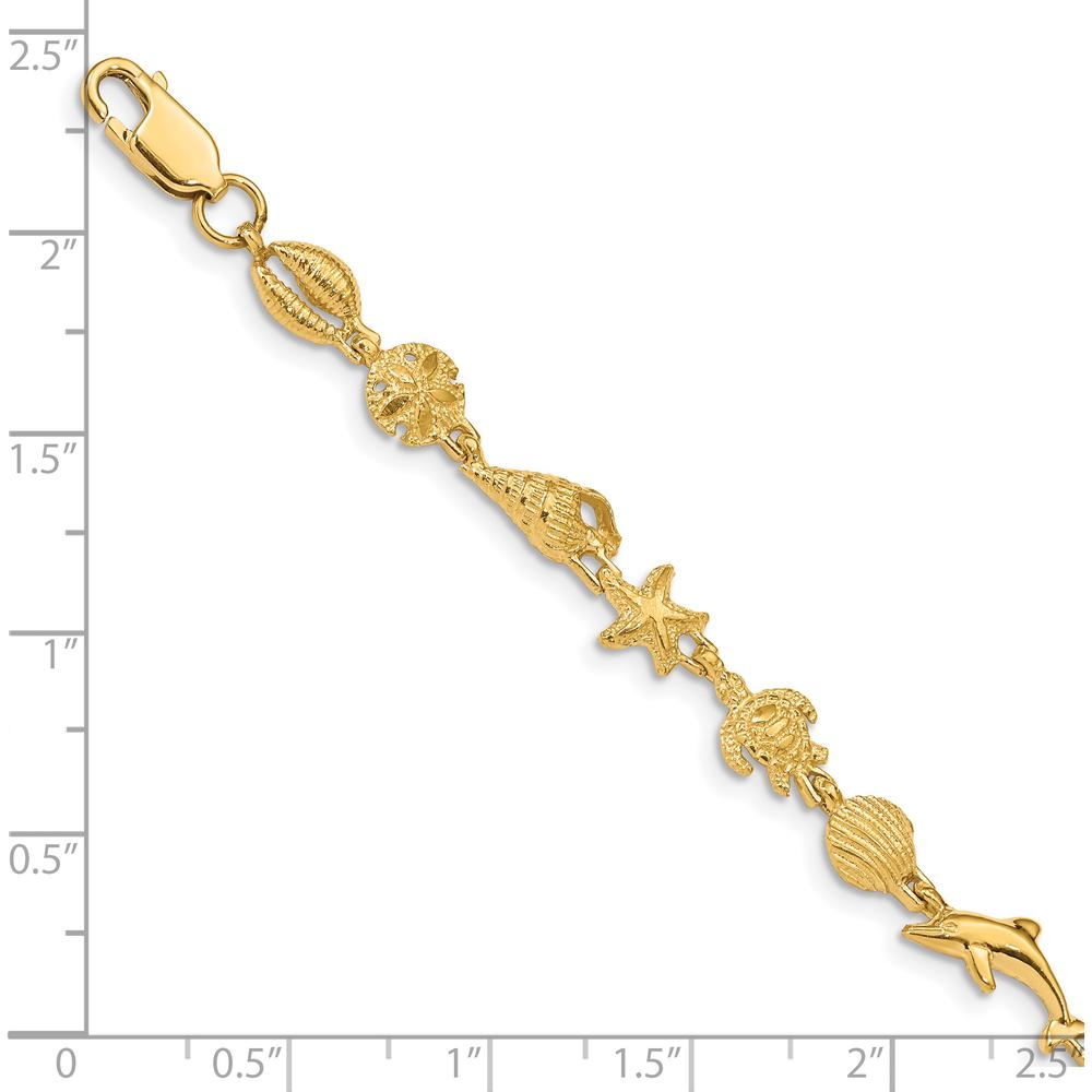 14K Yellow Gold Polished and Textured Sea Life Charm Bracelet - 7.25" by Oro Pregiato