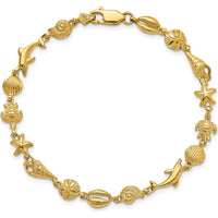 14K Yellow Gold Polished and Textured Sea Life Charm Bracelet - 7.25" by Oro Pregiato
