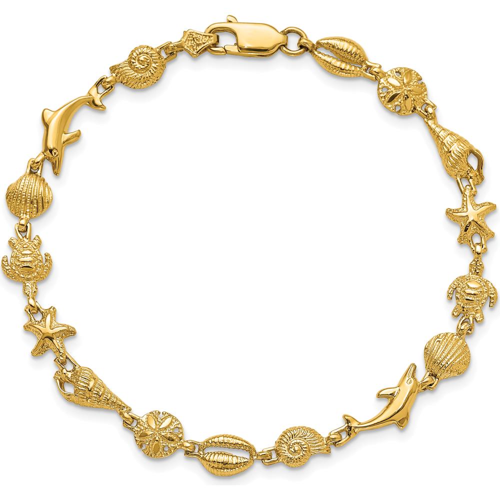 14K Yellow Gold Polished and Textured Sea Life Charm Bracelet - 7.25" by Oro Pregiato