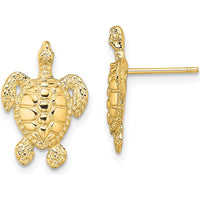14K Yellow Gold Polished and Textured Sea Turtle Post Earrings - 16.5mm Length by 0