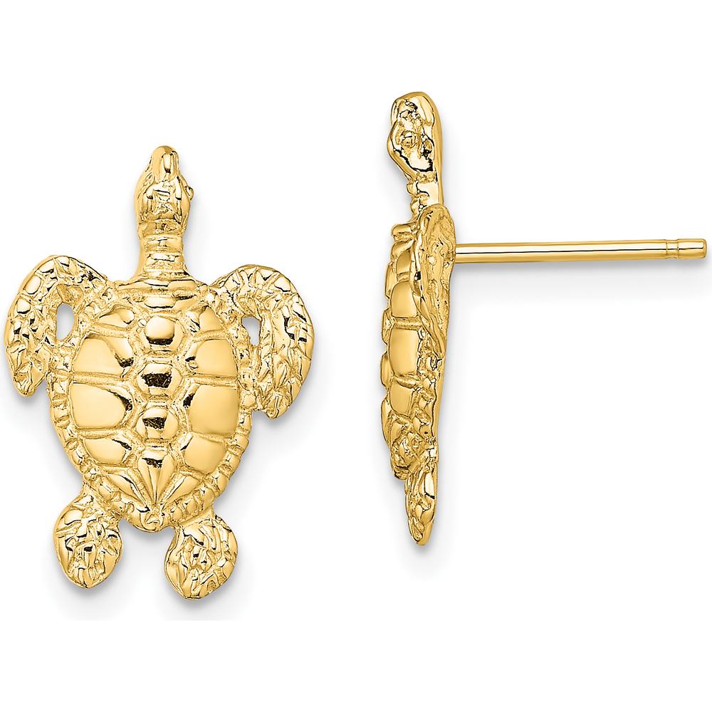 14K Yellow Gold Polished and Textured Sea Turtle Post Earrings - 16.5mm Length by 0