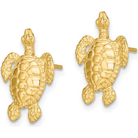14K Yellow Gold Polished and Textured Sea Turtle Post Earrings - 16.5mm Length by 0