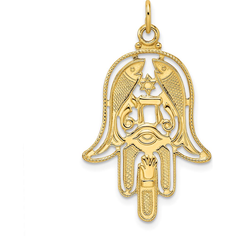 14K Yellow Gold Polished and Textured Solid Hamsa Pendant - Protective Symbol with Fish and Sacred Eye by Oro Pregiato