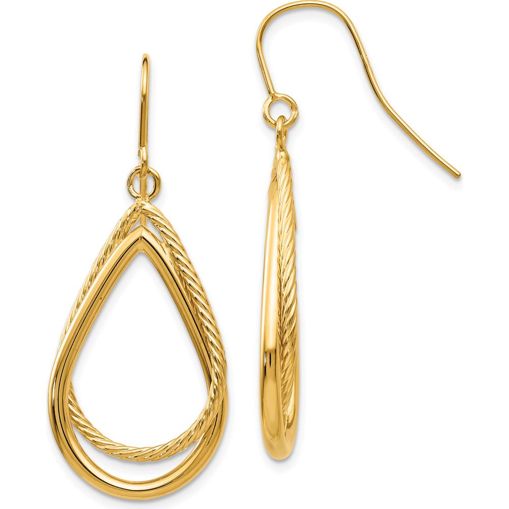 14K Yellow Gold Polished and Textured Teardrop Drop Earrings - 40mm Length by 0