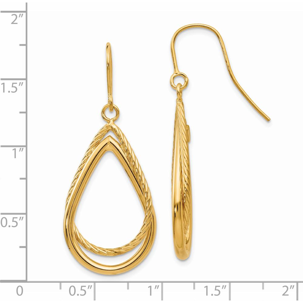14K Yellow Gold Polished and Textured Teardrop Drop Earrings - 40mm Length by 0