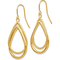 14K Yellow Gold Polished and Textured Teardrop Drop Earrings - 40mm Length by 0