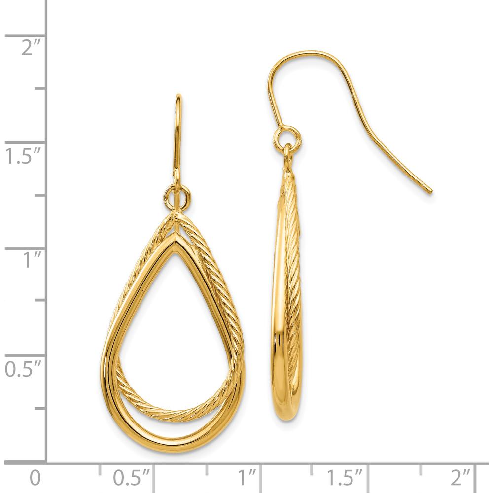 14K Yellow Gold Polished and Textured Teardrop Drop Earrings - 40mm Length by 0