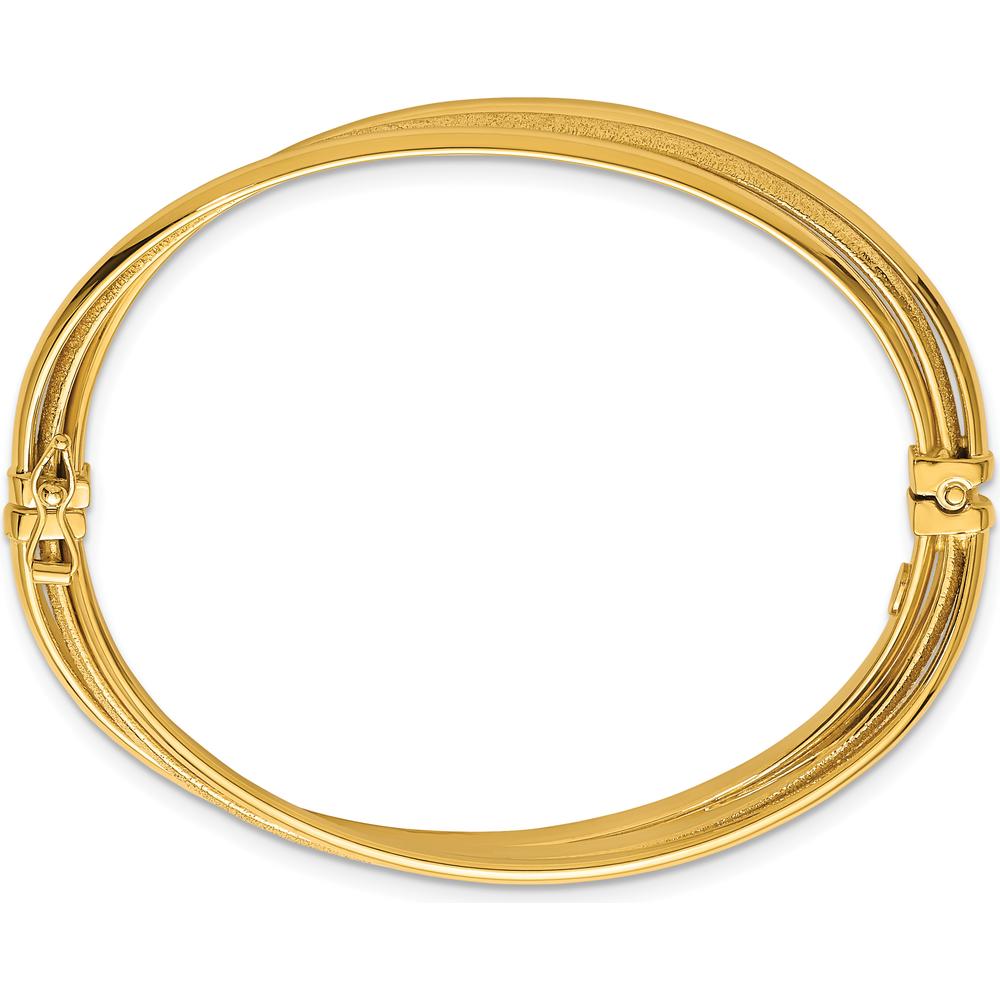 14K Yellow Gold Polished and Textured Three-Row Twisted Hinged Oval Bangle Bracelet - 8.5mm Width by Oro Pregiato