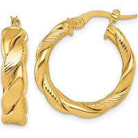 14K Yellow Gold Polished and Textured Twisted 20mm Hoop Earrings by 0