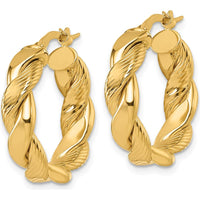 14K Yellow Gold Polished and Textured Twisted 20mm Hoop Earrings by 0