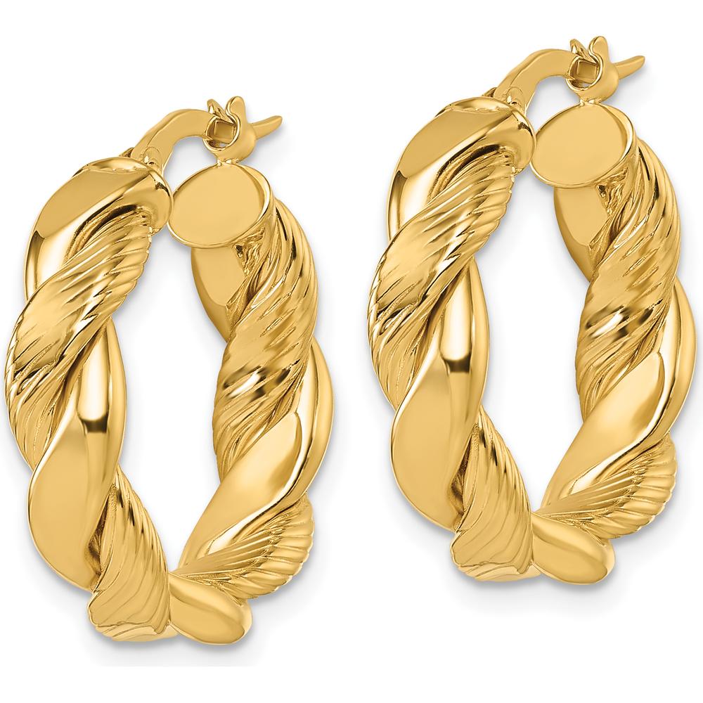 14K Yellow Gold Polished and Textured Twisted 20mm Hoop Earrings by 0
