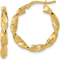 14K Yellow Gold Polished and Textured Twisted 3mm Hoop Earrings by 0