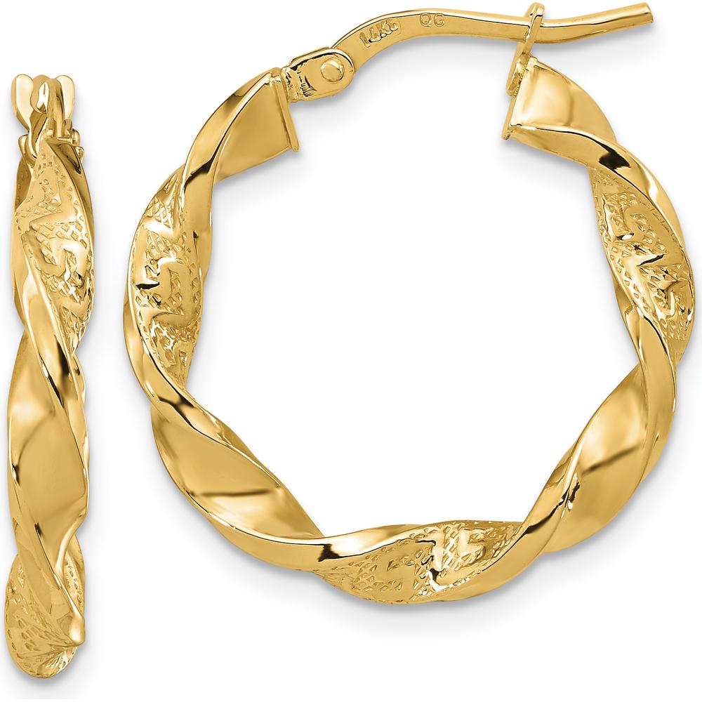 14K Yellow Gold Polished and Textured Twisted 3mm Hoop Earrings by 0