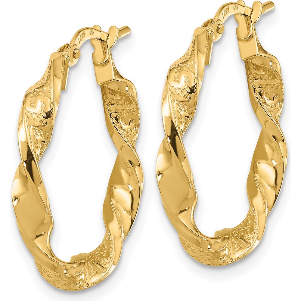 14K Yellow Gold Polished and Textured Twisted 3mm Hoop Earrings by 0