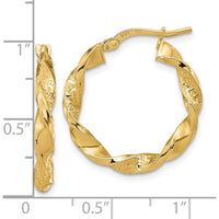 14K Yellow Gold Polished and Textured Twisted 3mm Hoop Earrings by 0