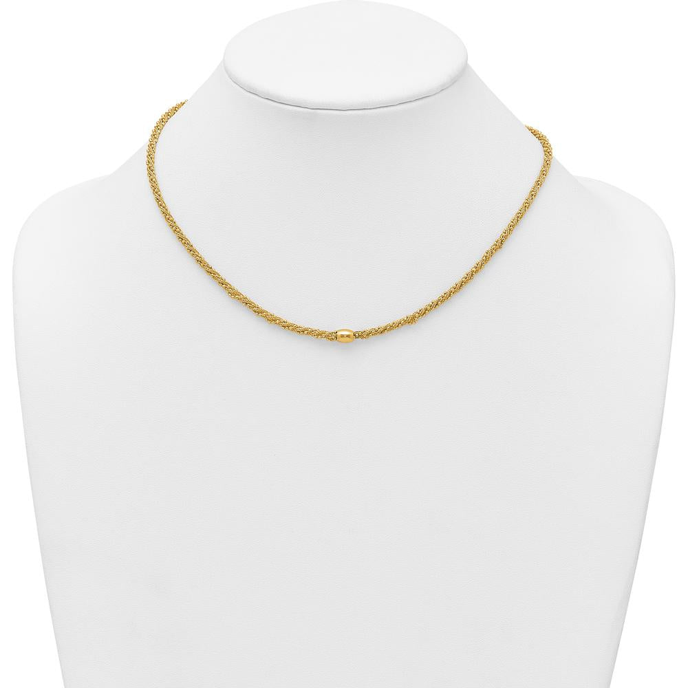 14K Yellow Gold Polished and Textured Twisted Bead Necklace - 17 inches by 0