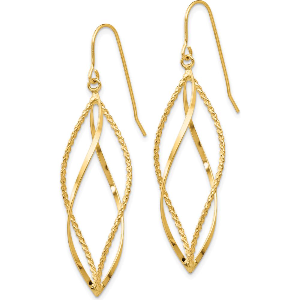 14K Yellow Gold Polished and Textured Twisted Dangle Earrings - 44mm Length by 0