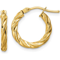 14K Yellow Gold Polished and Textured Twisted Hoop Earrings - 16.4mm Length by 0