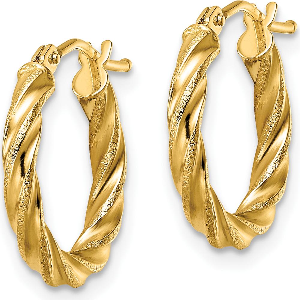 14K Yellow Gold Polished and Textured Twisted Hoop Earrings - 16.4mm Length by 0
