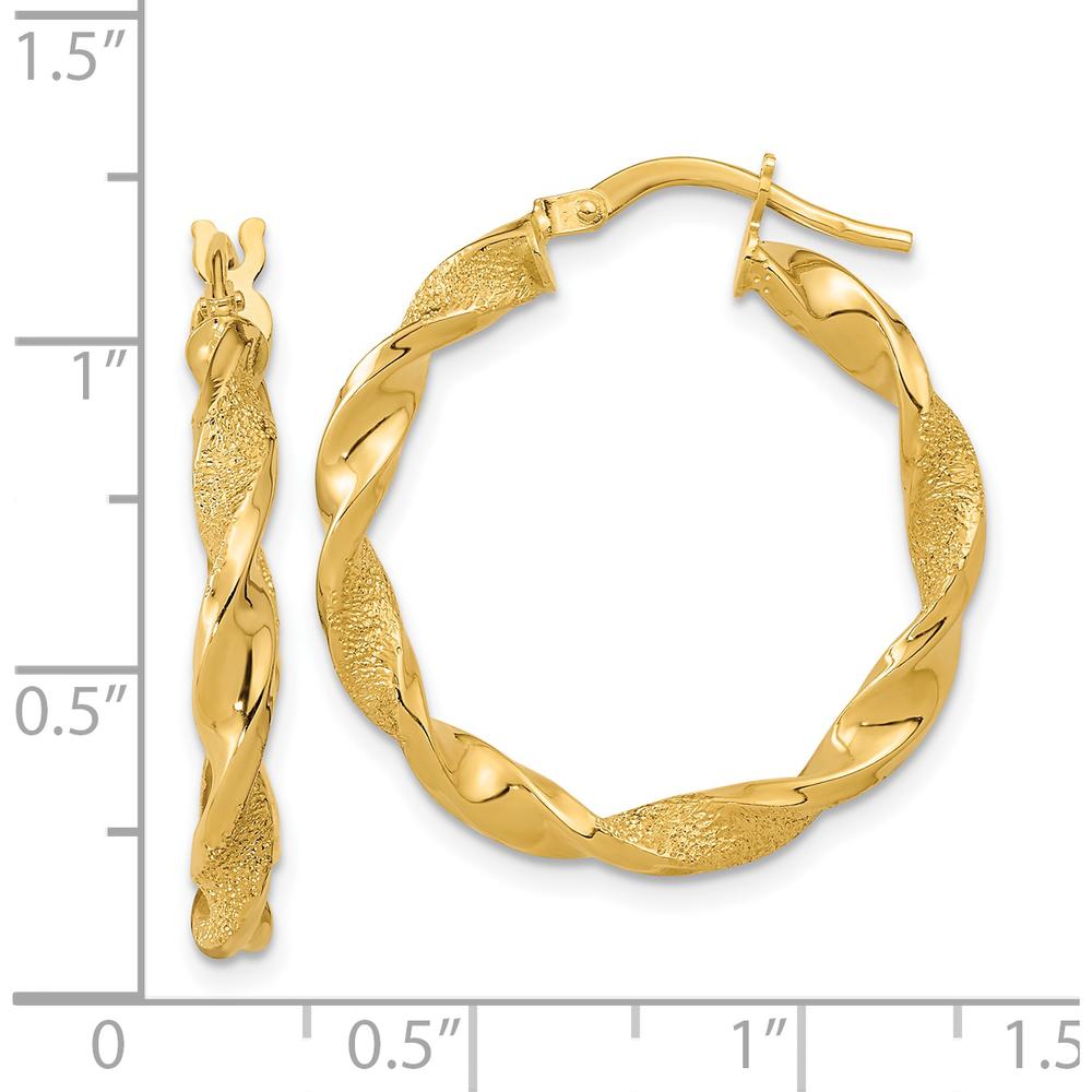 14K Yellow Gold Polished and Textured Twisted Hoop Earrings - 25.75mm Length, 25.5mm Width by 0