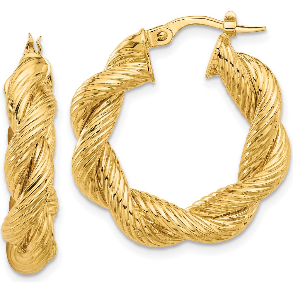 14K Yellow Gold Polished and Textured Twisted Hoop Earrings - 25.8mm Length by 0
