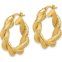 14K Yellow Gold Polished and Textured Twisted Hoop Earrings - 25.8mm Length by 0