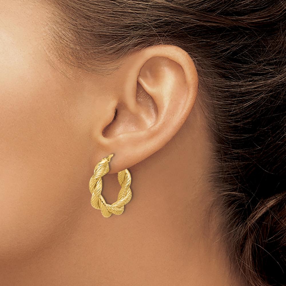 14K Yellow Gold Polished and Textured Twisted Hoop Earrings - 25.8mm Length by 0
