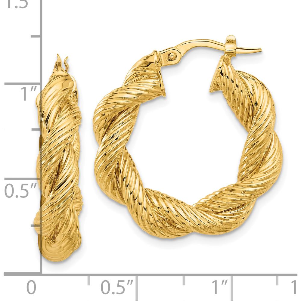 14K Yellow Gold Polished and Textured Twisted Hoop Earrings - 25.8mm Length by 0