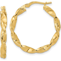 14K Yellow Gold Polished and Textured Twisted Hoop Earrings - 27.88mm Width by 0