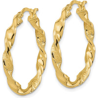 14K Yellow Gold Polished and Textured Twisted Hoop Earrings - 27.88mm Width by 0